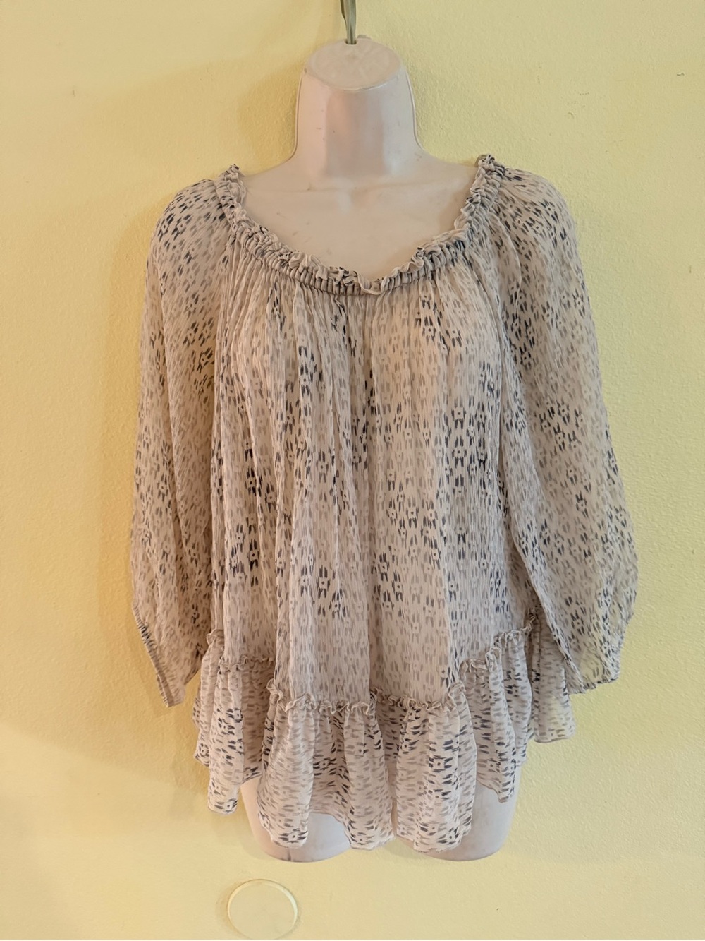 Rebecca Taylor Taupe Printed Peasant Blouse Boho silk